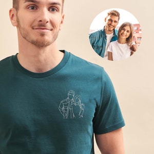 Personalisiertes besticktes Foto-Herren-T-Shirt, individuell bestickte Linienzeichnung, personalisiertes Herren-T-Shirt, personalisiertes Vatertagsgeschenk Vert / Green