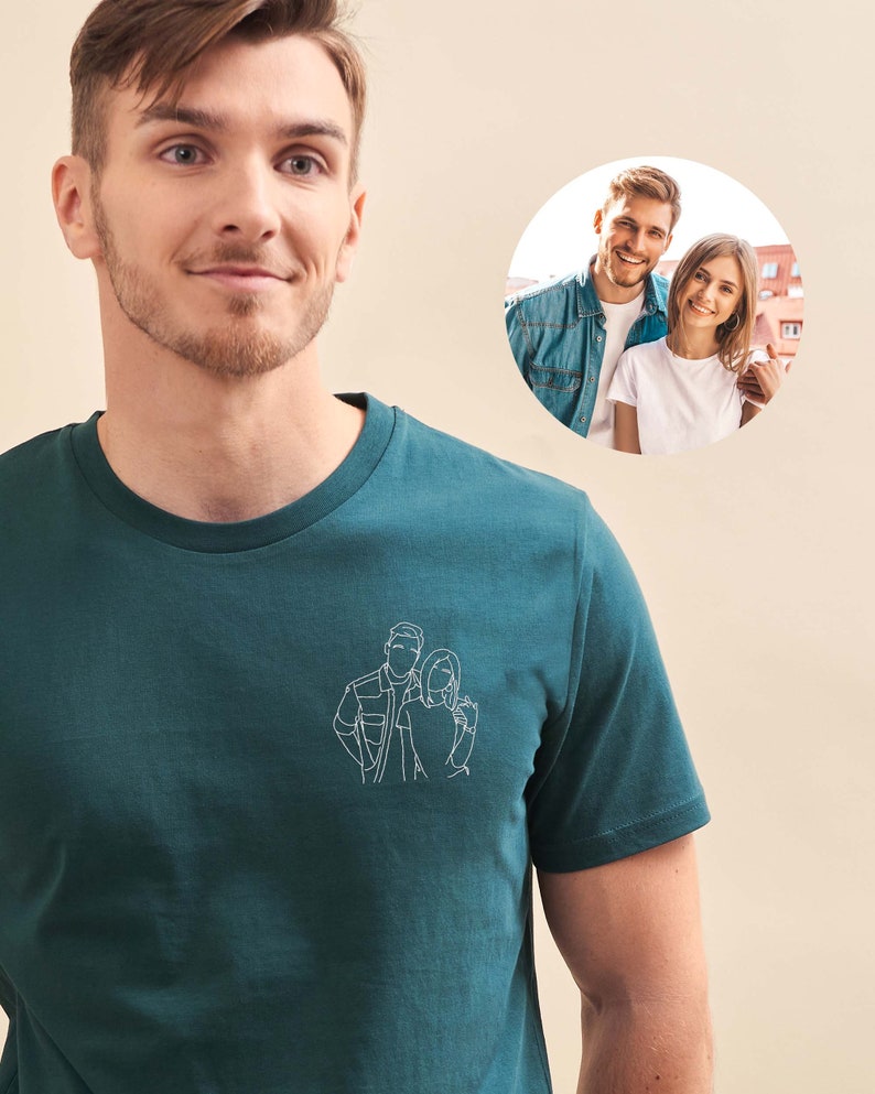 Personalisiertes besticktes Foto-Herren-T-Shirt, individuell bestickte Linienzeichnung, personalisiertes Herren-T-Shirt, personalisiertes Vatertagsgeschenk Vert / Green