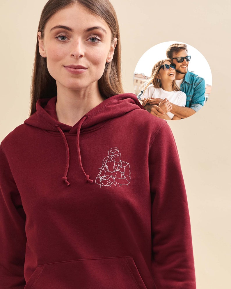 Sweat Unisexe Photo Brodée Personnalisée, Portrait Personnalisé Brodé, Sweat Personnalisé, Cadeau Fête Des Mères, Cadeau Fête Des Pères Brodeaux / Burgundy