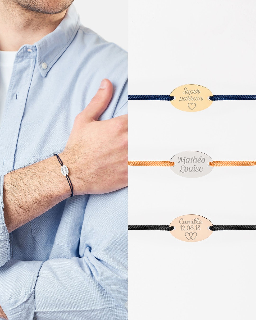 Bracelet Cordon Personnalisable Avec Gravure - 4 Couleurs (noir, Gris, Bleu, Bordeaux) - Cadeau Homme/femme, Fête Des Mères/Pères - 7