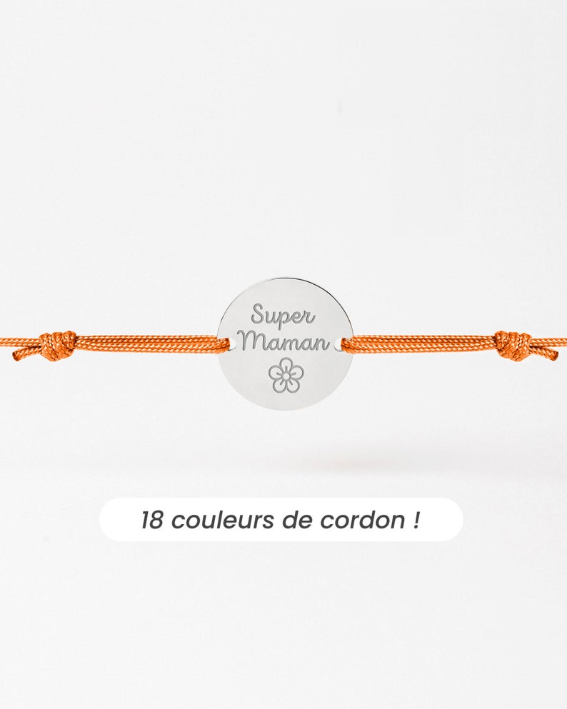 Bracelet Cordon Personnalisé pour Femme, Bracelet Médaille Gravée de 15mm, Cordon Noeuds Coulissants, Cadeau Fête Des Mères image 3