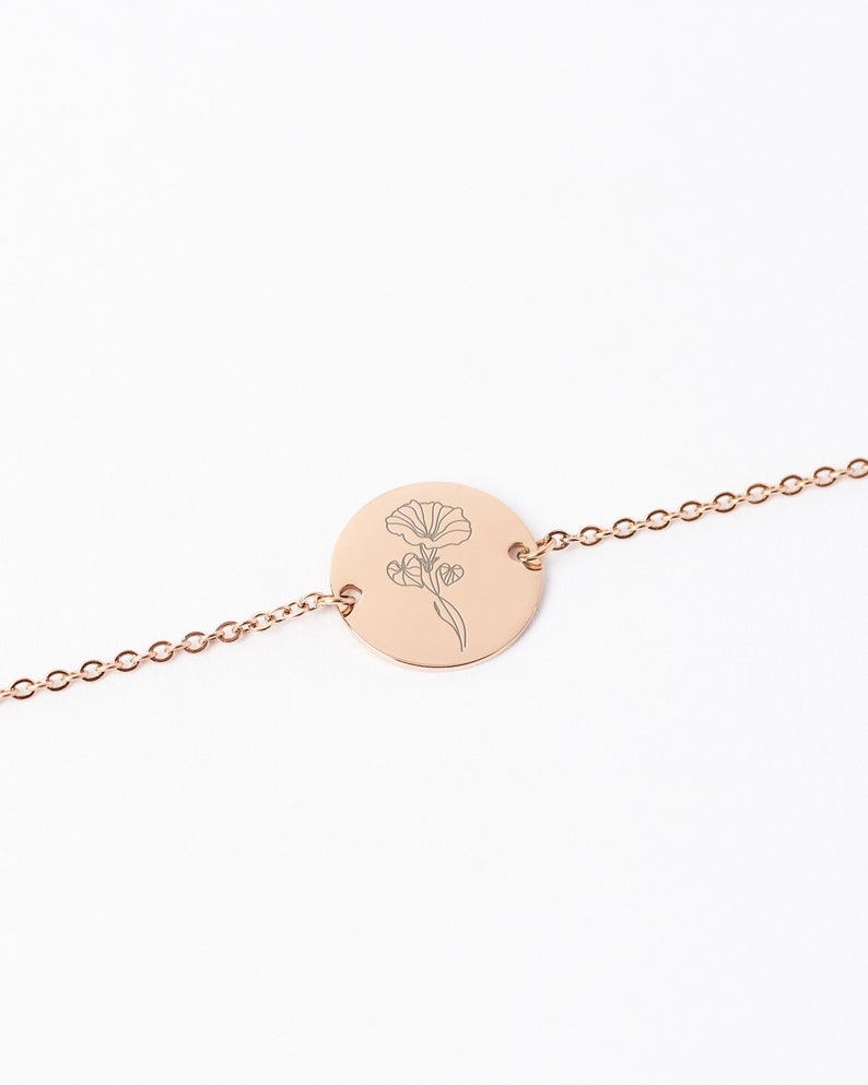 Month of Birth Flower Bracelet, Women Personalized Bracelet, Custom Birth Gift for Women, Engraved Bracelet, Mother's Day Gift Rose gold