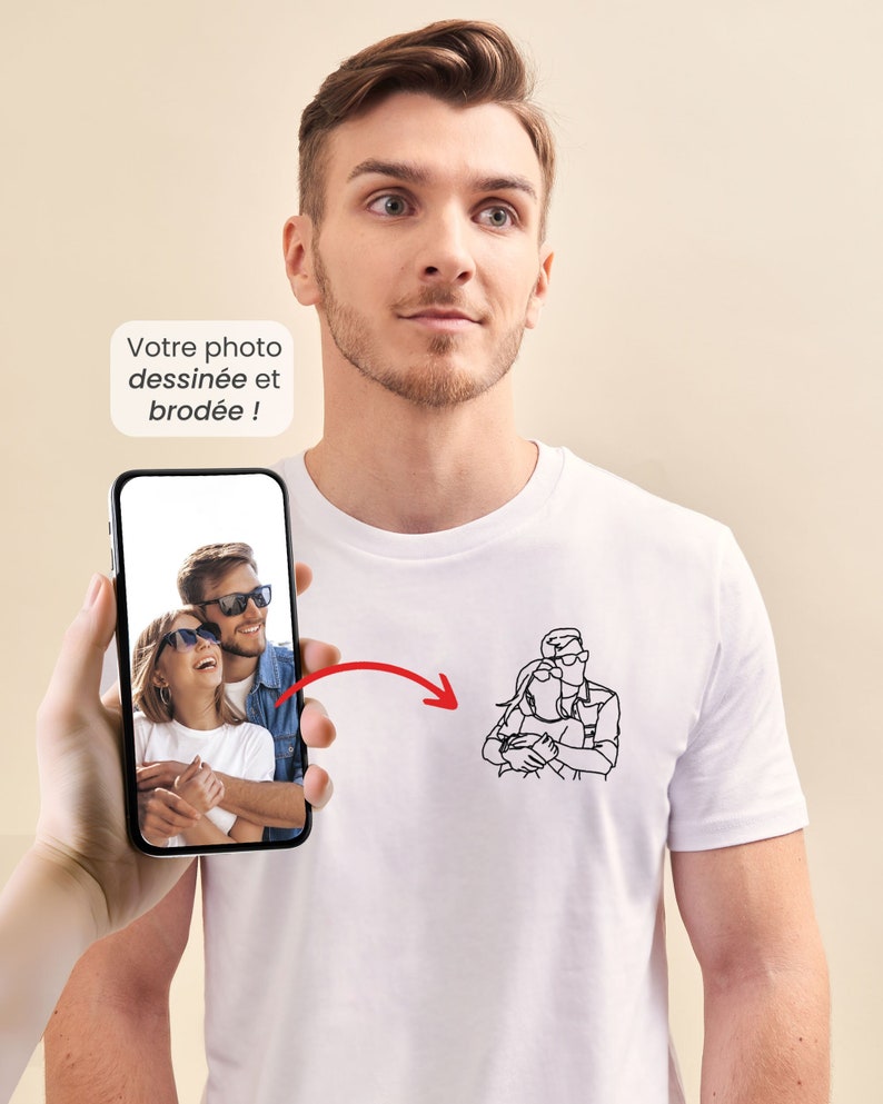 Personalisiertes besticktes Foto-Herren-T-Shirt, individuell bestickte Linienzeichnung, personalisiertes Herren-T-Shirt, personalisiertes Vatertagsgeschenk Bild 1