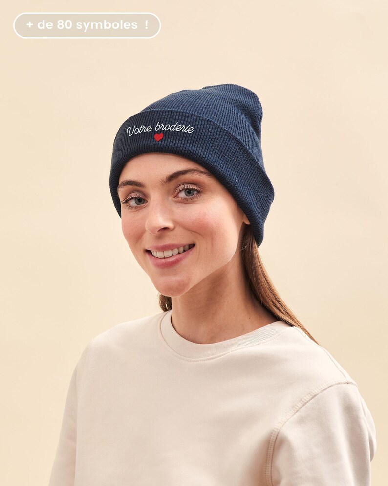 Bonnet Bleu Brodé Personnalisé Unisexe, Bonnet Personnalisable Broderie, Bonnet Bleu Marine Prénom, Cadeau Fête Des Mères, Fête Des Pères image 1