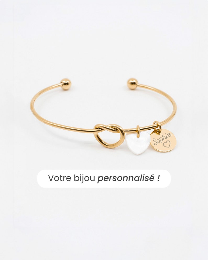 Bracelet Jonc Nacre Coeur Personnalisé, Jonc Personnalisé, Bracelet Prénom Femme, Jonc Gravé, Cadeau Fête Des Mères Personnalisé image 1