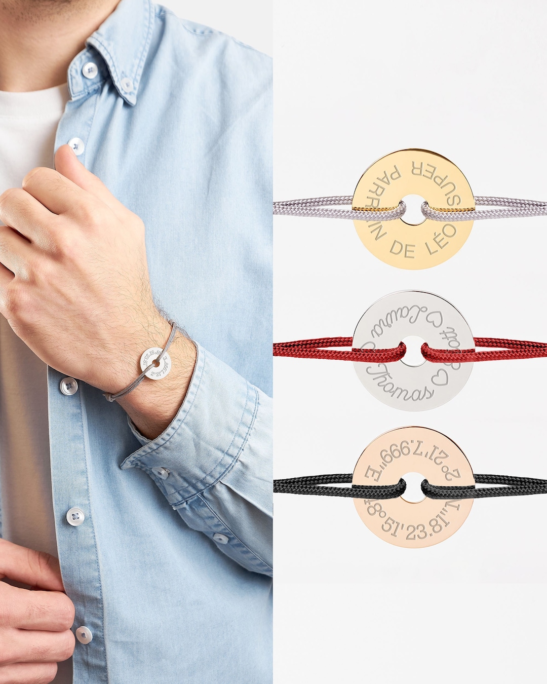 Bracelet Cordon Personnalisé Homme, Bracelet Prénoms Gravé Homme