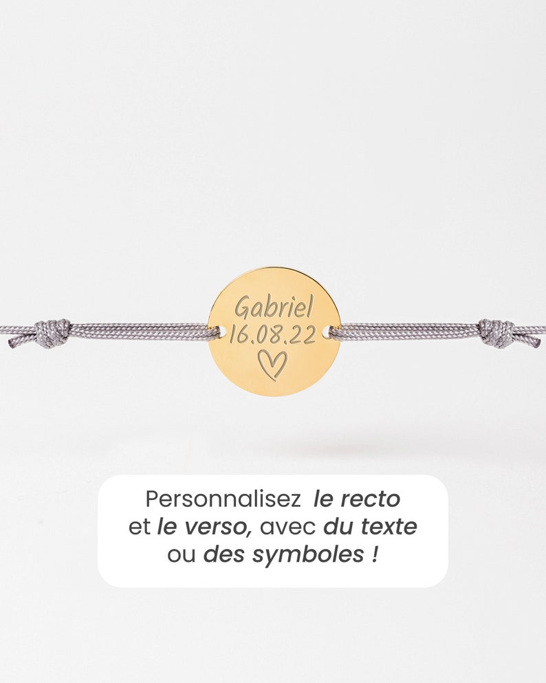 Bracelet Cordon Personnalisé pour Femme, Bracelet Médaille Gravée de 15mm, Cordon Noeuds Coulissants, Cadeau Fête Des Mères image 2