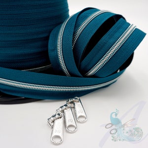 1 m endless zipper incl. 3 zippers - wide metallized dark petrol - silver