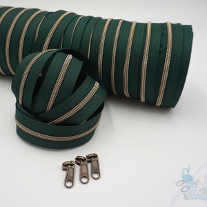 1 m endless zipper incl. 3 zippers - narrow metalized fir green - old brass