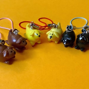 May include: Six small, colourful, dog-shaped charms with black eyes and noses. Each charm is attached to a string loop.