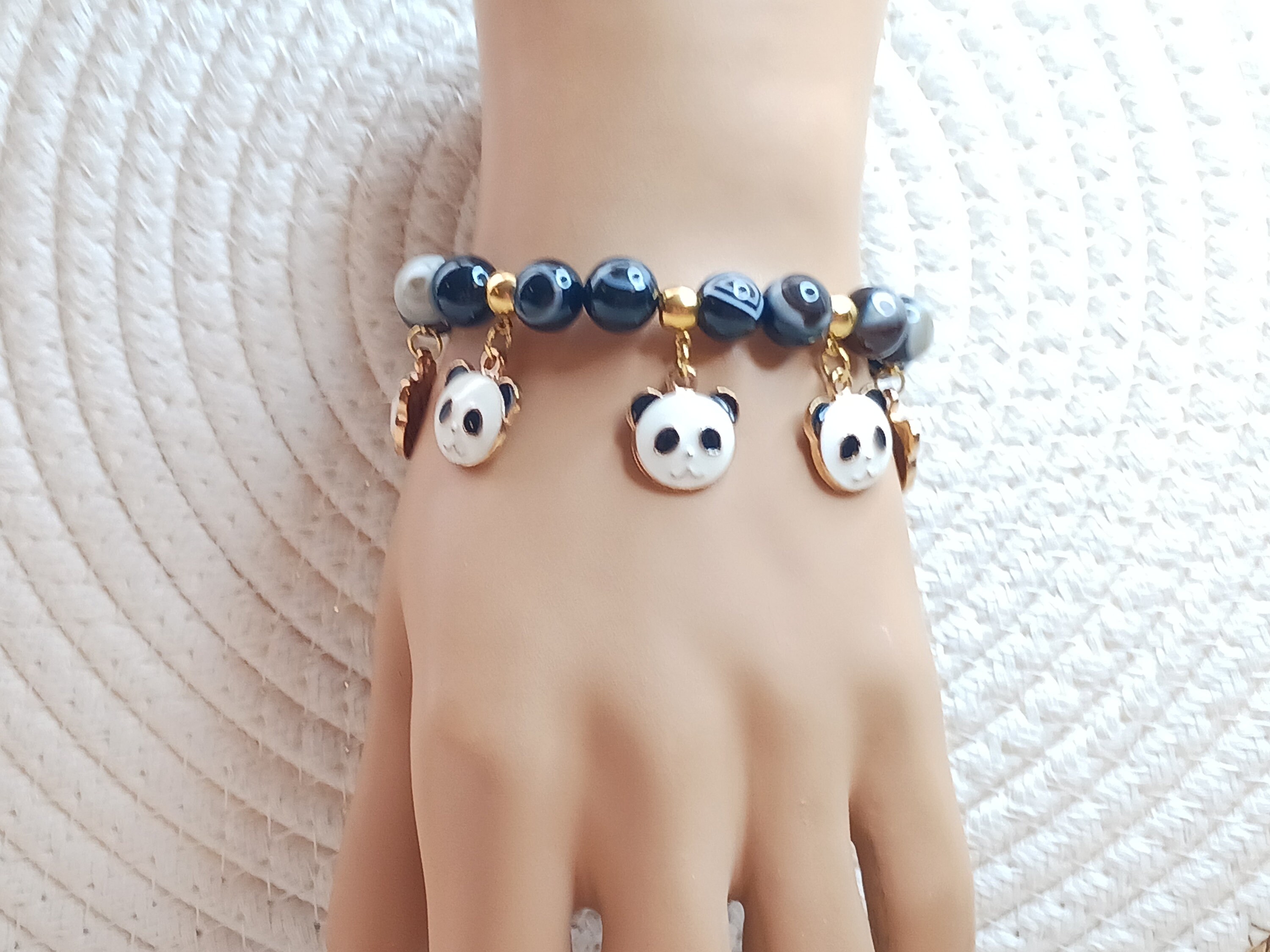 PANDAS! Onyx Charm Bracelet 10mm Grade AAA Genuine White