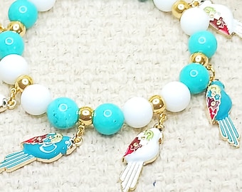 WISDOM & COMMUNICATION Parrots Charm Bracelet; grade AAA gemstones, hypoallergenic steel fittings