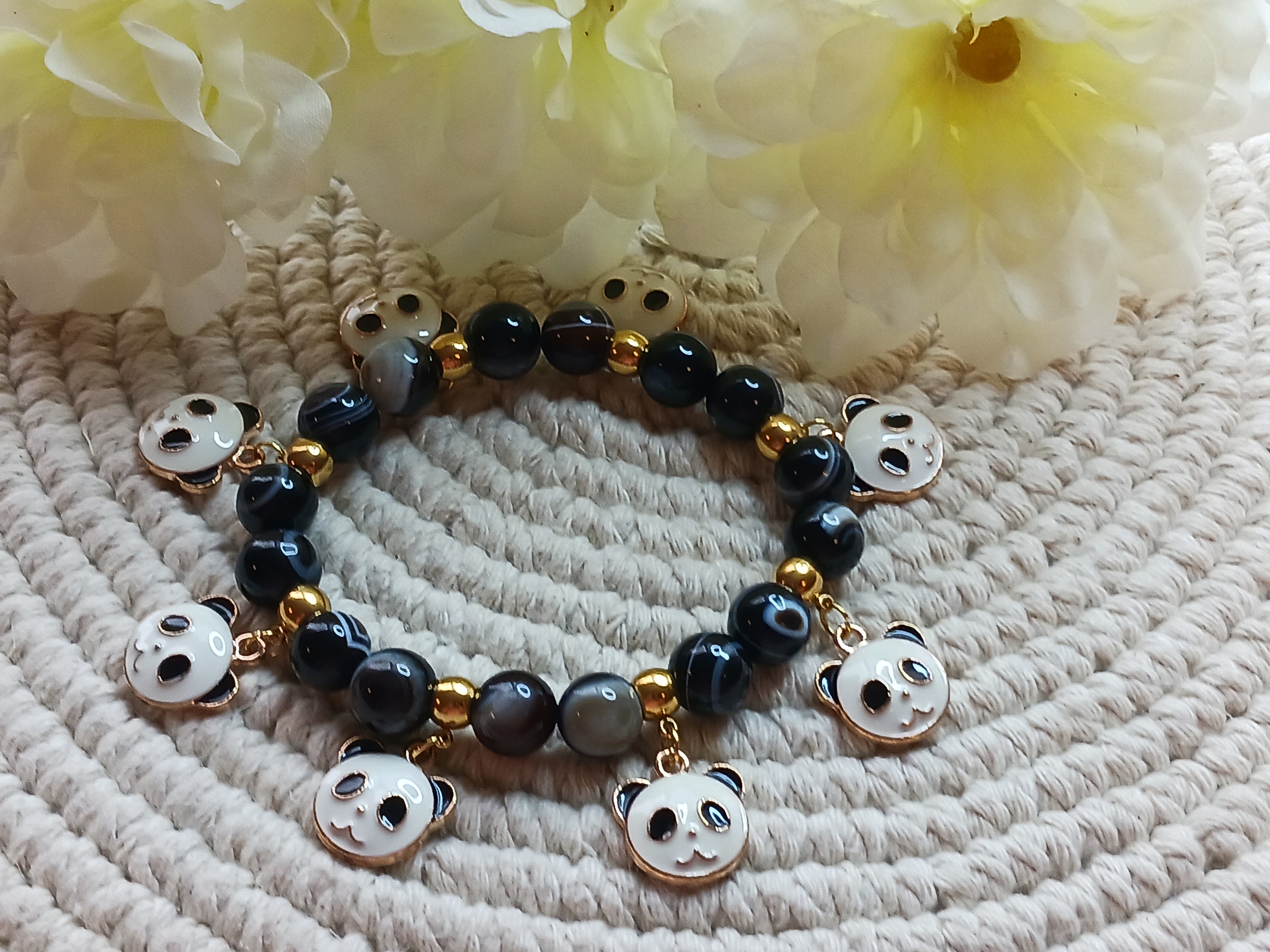 PANDAS! Onyx Charm Bracelet 10mm Grade AAA Genuine White