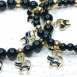 CATS! Black Onyx Charm Bracelet; grade AAA genuine semiprecious gemstone, stainless steel fittings, enamel charms, adult/youth jewelry