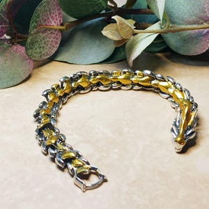 DRAGON OUROBOROS Stainless Steel Bracelet; 2-tone gold-plated & silvery hypoallergenic steel link bracelet, men&#39;s/unisex style adult size