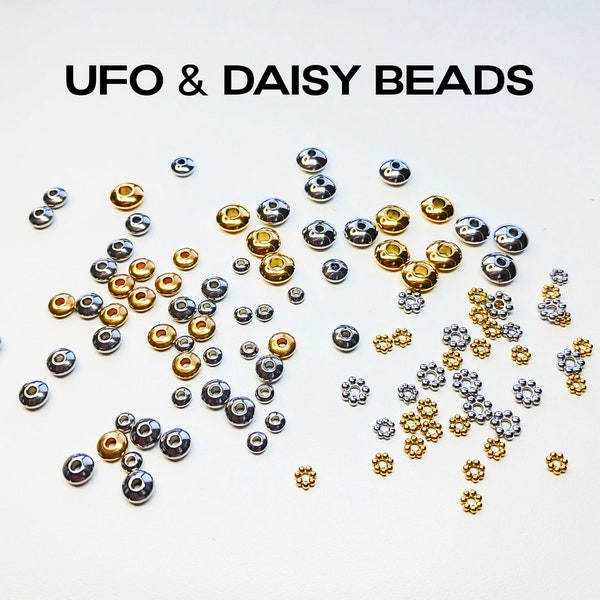 BEADS! "UFO-Shape" or "Daisy Shape" Hypoallergenic Surgical Steel Beads to add to our therapy gemstone bracelets, silvertone or glodtone