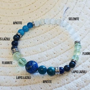 Pode incluir: Um bracelete feito com v&aacute;rias pedras preciosas, incluindo apatita, l&aacute;pis-laz&uacute;li, fluorita e selenite. O bracelete &eacute; feito com uma mistura de pedras azuis, verdes e brancas.