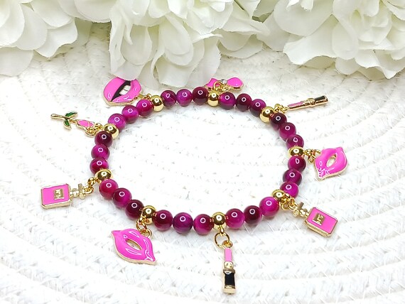 Bracelet En Agate Fuchsia Perles 6 Mm - Pierre Naturelle, Cordon élastique Ajustable - Bijou Unisexe élégant, Cadeau Femme/fille