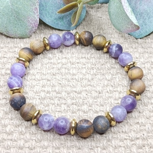 Tiger Eye & Amethyst Unique Satin-Finish Bracelet; genuine grade AA gemstone, hypoallergenic steel accent beads, unisex adult/youth jewelry