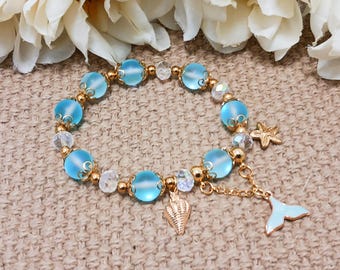 MERMAID FLASH CRYSTAL & Charm Bracelet; reflective and faceted crystals, hypoallergenic steel fittings