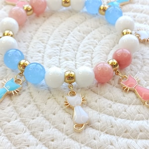 CATS! Enamel Charm Bracelet grade AA-AAA genuine semiprecious gemstone 10mm adult size jewelry natural crystal healing, 2 colors to choose