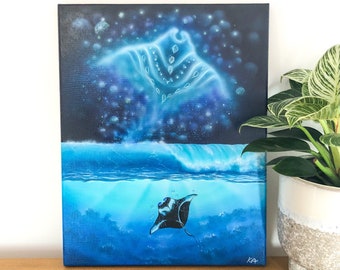 Blue Ocean Dreams: Hand-painted Manta Ray Wildlife Art on Canvas, perfect gift for daughters who love the ocean