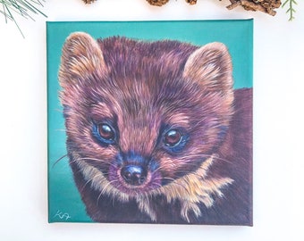 Baby Pine marten original canvas painting, woodland creature wall art work