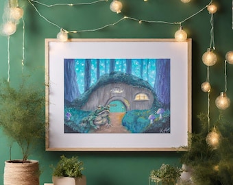 Toad in the Hole - Whimsical woodland toad and toad home with mushrooms - fine art painting wall art A4 poster for frog and toad lovers