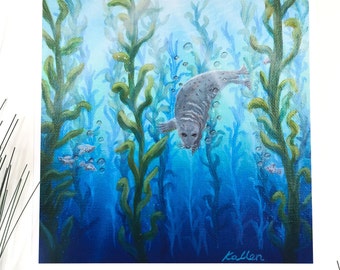 Seaside Seal in Kelp Forest Print - Coastal Marine Home Decor Art