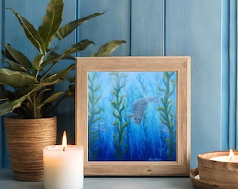 Underwater Sea Life Print, Ocean Seal in Kelp Forest, Coastal & Marine Home Decor Art Print Painting
