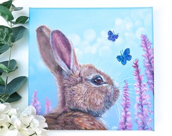 Bunny rabbit painting, original canvas painting of a woodland creature wall art work, animal canvas wall art, rabbit lover gift, rabbit art