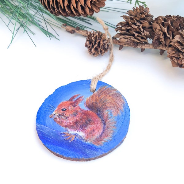 Red squirrel painting, original art on woodslice, woodland creatures, British wildlife, rustic ornaments