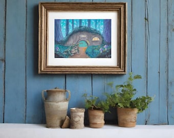 Toad in the Hole - Whimsical woodland toad and toad home with mushrooms - fine art painting wall art A4 poster for frog and toad lovers