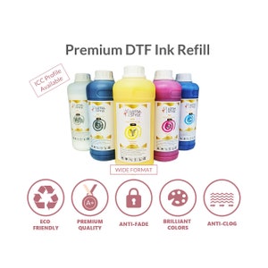 Op de afbeelding: Vijf flessen DTF-inktnavulling, gelabeld met de merknaam "LOTSA STYLE" en de kleuren cyaan, magenta, geel, zwart en wit. De flessen zijn in een rij op een witte achtergrond gerangschikt. De tekst "Premium DTF Ink Refill" wordt boven de flessen weergegeven. De tekst "ICC Profile Available" wordt in een wit vak in de linkerbovenhoek van de afbeelding weergegeven. De tekst "WIDE FORMAT" wordt onder de flessen weergegeven. Vijf pictogrammen worden onder de tekst "WIDE FORMAT" weergegeven, die de volgende kenmerken voorstellen: Milieuvriendelijk, Premiumkwaliteit, Anti-Fade, Briljante Kleuren en Anti-Verstopping.