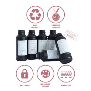 May include: Six black bottles of UV LED resin for 3D printing. The bottles are labeled with the text "LOTSA STYLE UV LED" and a color code. The bottles are arranged in a circle on a white background. The image also includes icons representing eco-friendly, premium quality, anti-fade, brilliant colors, and anti-clog.