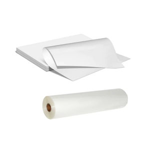 May include: A roll of clear plastic laminating sheets and a stack of white sheets of paper.