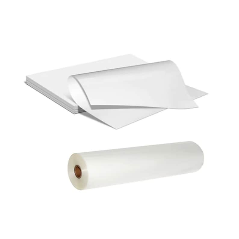 May include: A roll of clear plastic laminating sheets and a stack of white sheets of paper.