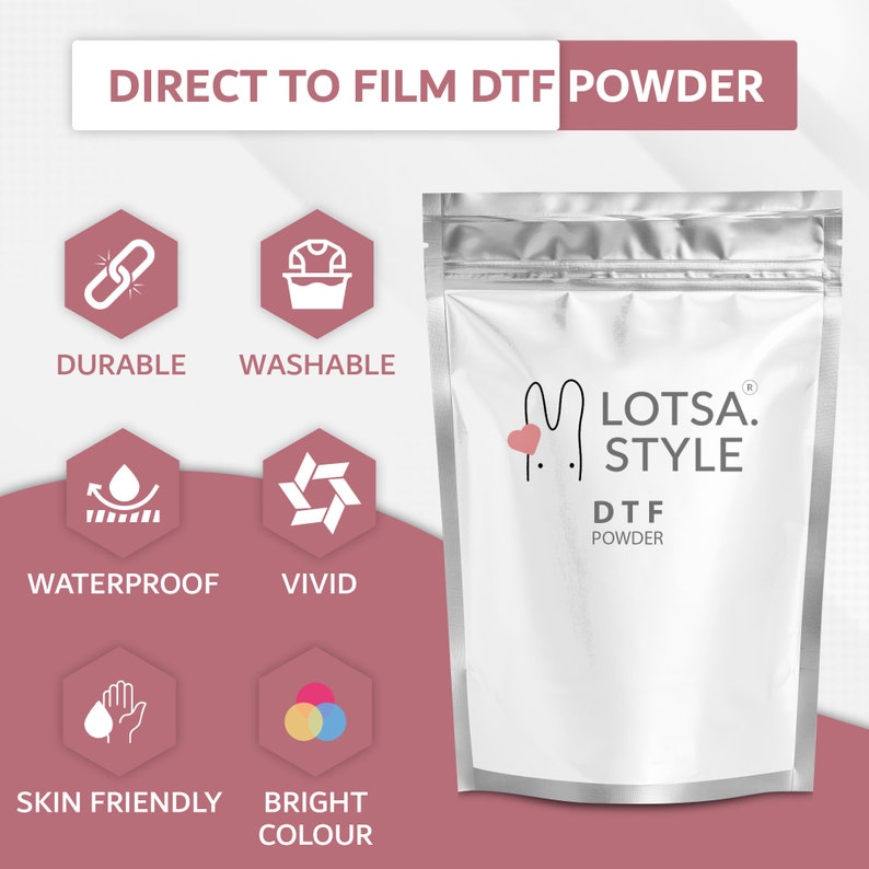May include: A white bag with a silver zipper, labeled "LOTSA. STYLE DTF POWDER". The bag is on a pink background with icons representing the features of the powder: durable, washable, waterproof, vivid, skin friendly, and bright color.