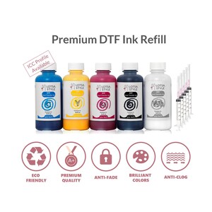 May include: A set of six bottles of DTF ink for heat transfer printing. The bottles are labeled with the colors cyan, yellow, magenta, black, and white. The ink is designed for use with a DTF printer and is compatible with a variety of fabrics. The ink is also eco-friendly and anti-fade.