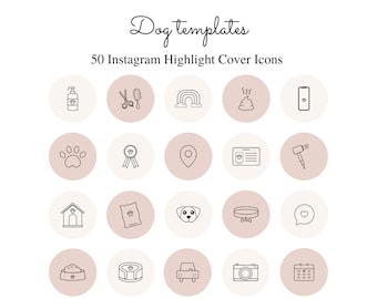 50 匹の犬の Instagram ハイライト カバー ライト ピンクとブラウン - ニュートラル アイコン、ペットの Instagram ストーリー ハイライト、ソーシャル メディア、手描きの犬のアイコン