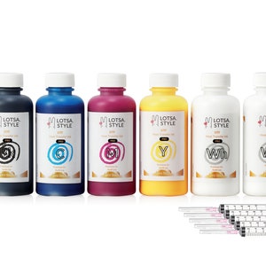 Op de afbeelding: Zes flessen hittetransferinkt in zwart, cyaan, magenta, geel en twee flessen witte inkt. De flessen zijn gelabeld "Lotsa Style DIY Heat Transfer Ink Pro". De inkt is bedoeld voor gebruik met een warmtepers. Zes spuiten zijn inbegrepen.