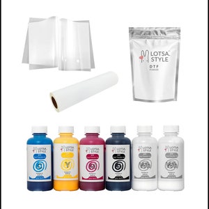 May include: A set of DTF printing supplies including a roll of clear transfer film, a roll of white transfer film, a bag of DTF powder, and six bottles of DTF ink in the colors cyan, yellow, magenta, black, white, and white.