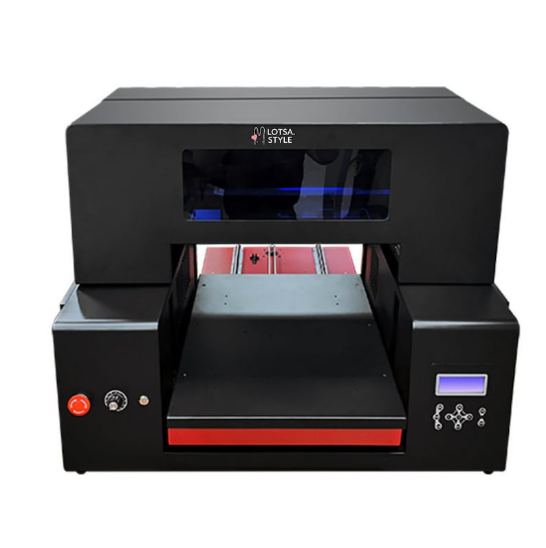May include: Black and red digital printer with a clear window and a control panel. The printer has the text "Lotsa Style" on the top.