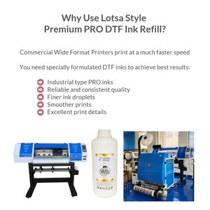 Op de afbeelding: Een witte fles Lotsa Style PRO DTF inktnavulling voor gebruik in commerci&euml;le grootformaatprinters. De fles is gelabeld met de tekst "Lotsa Style" en "White". De afbeelding toont ook een grootformaatprinter en een rol transferfolie.