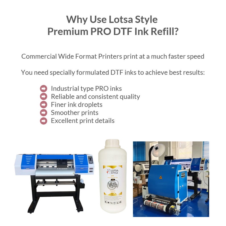 Op de afbeelding: Een witte fles Lotsa Style PRO DTF inktnavulling voor gebruik in commerci&euml;le grootformaatprinters. De fles is gelabeld met de tekst "Lotsa Style" en "White". De afbeelding toont ook een grootformaatprinter en een rol transferfolie.