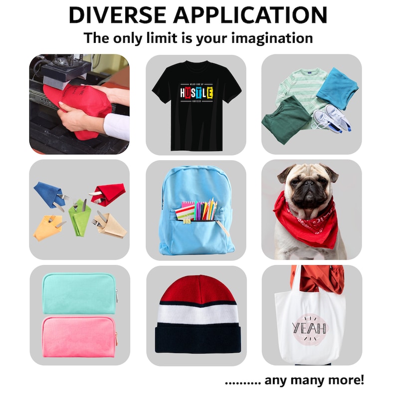 May include: A collage of images showcasing various applications for heat transfer vinyl.  The images include a red baseball cap, a black t-shirt with the text "Hustle", a blue backpack, a pug wearing a red bandana, a tote bag with the text "Yeah", and a red and white striped beanie.