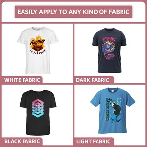 May include: Four t-shirts displayed on different colored fabric backgrounds. The t-shirts feature various graphic designs, including a palm tree with the text "Another Day in Paradise", a cartoon character with the text "King", a geometric design, and a cat with the text "El Gato Negro".