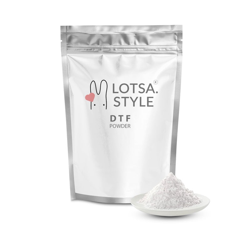 May include: A silver pouch with a white label that says "LOTSA. STYLE DTF POWDER". A white powder is shown in a small white bowl.