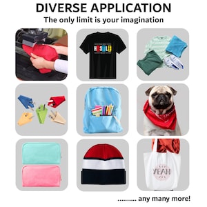 May include: A collection of items demonstrating diverse uses. Features a red hat being pressed, a black t-shirt with "HUSTLE" text, a blue backpack with pencils, a pug wearing a red bandana, and more. The text "DIVERSE APPLICATION" is at the top.
