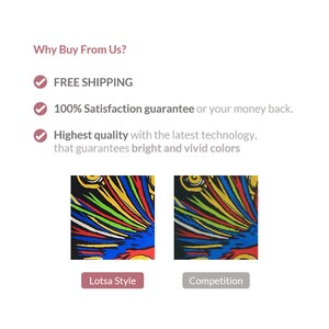 May include: A comparison of two fabric samples, Lotsa Style and Competition, demonstrating colour differences. The Lotsa Style sample features a design with bright blue, red, yellow, green, and black colours. Text highlights product quality.